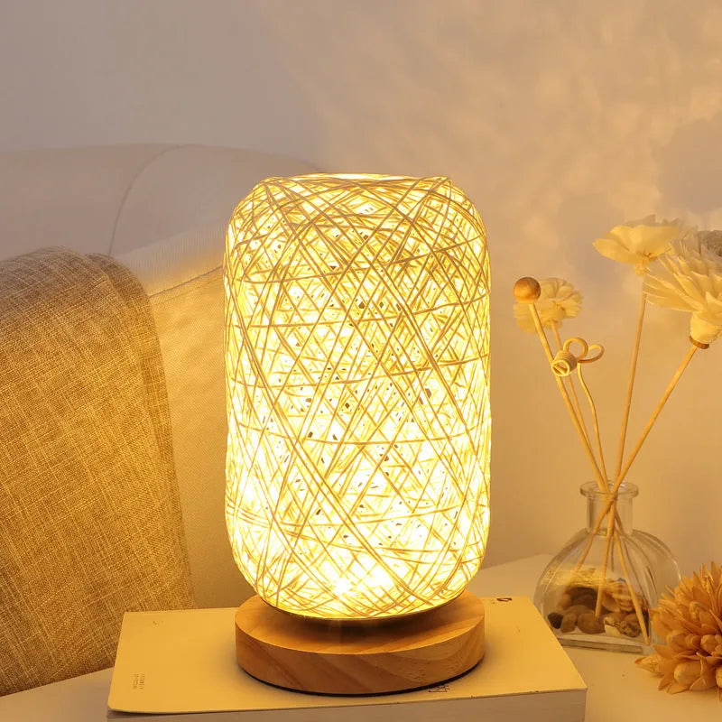 Natural hemp rope Sepak Takraw desk lamp with solid wood base