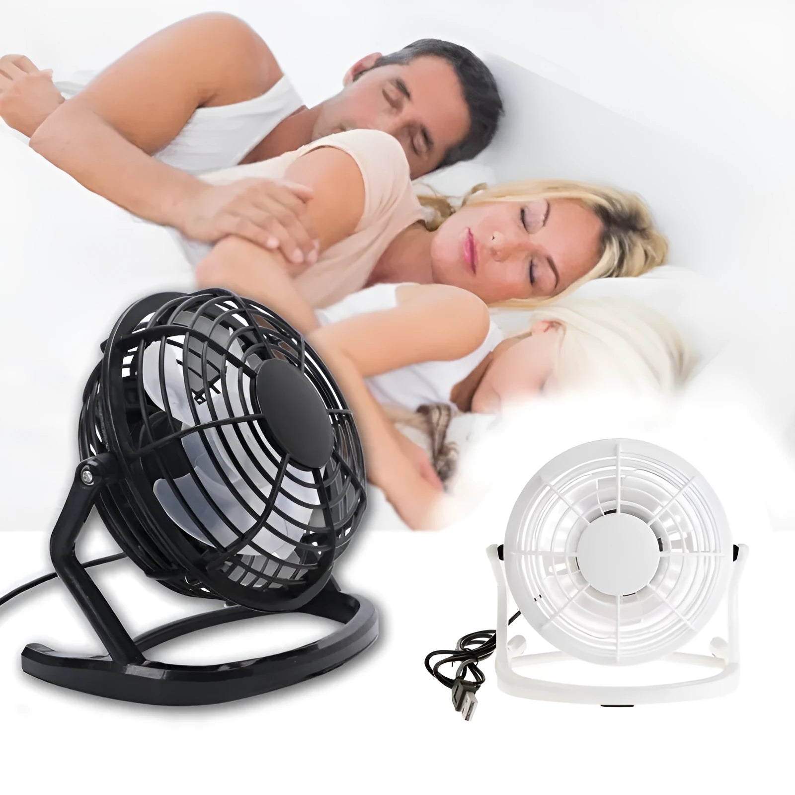 Mini portable USB desk fan with adjustable angle in black, white or blue colours