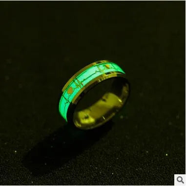 ECG couple carbon fibre ring with luminous glow in heart shape on stainless steel base