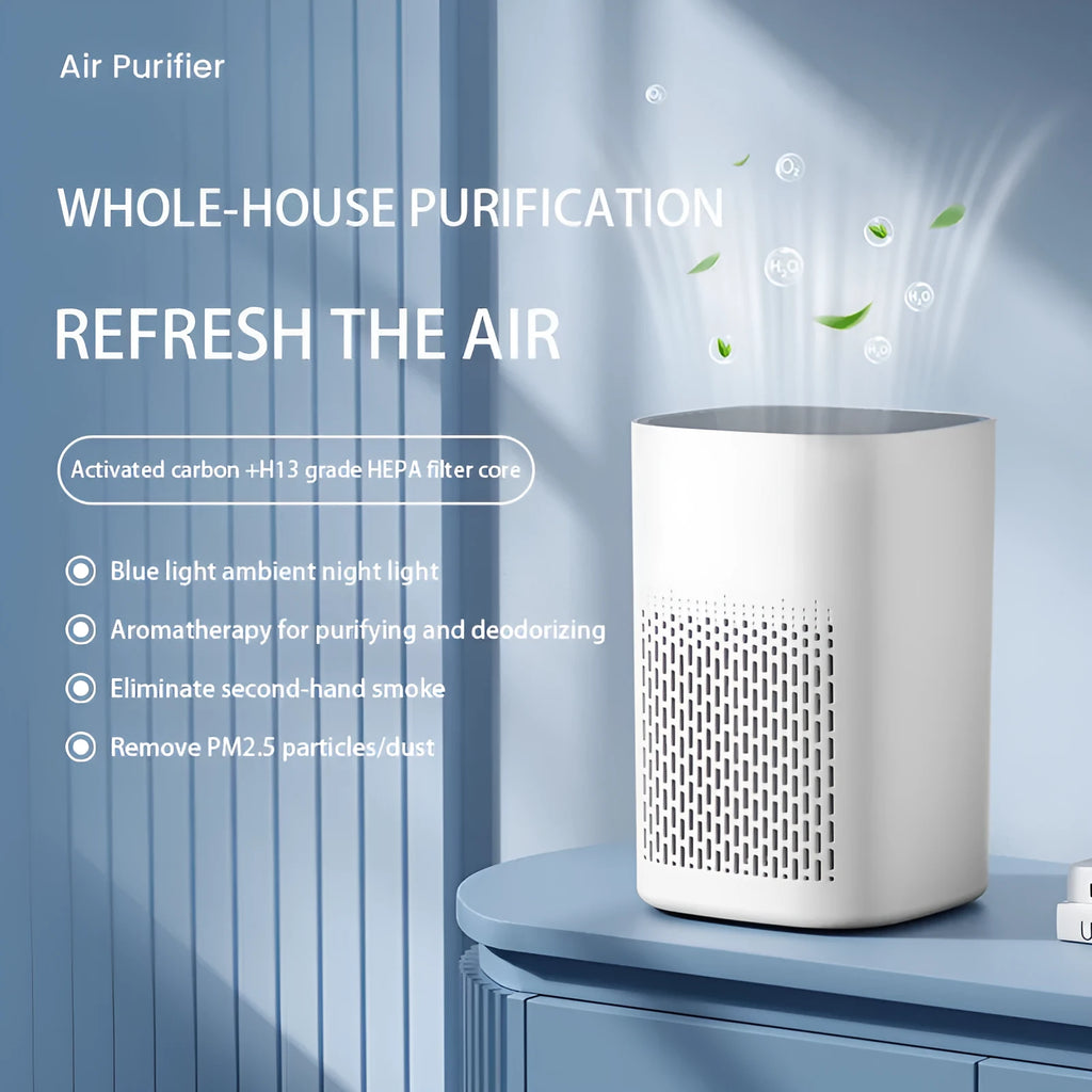 Simple style desktop air purifier with USB power port on a wooden desk.