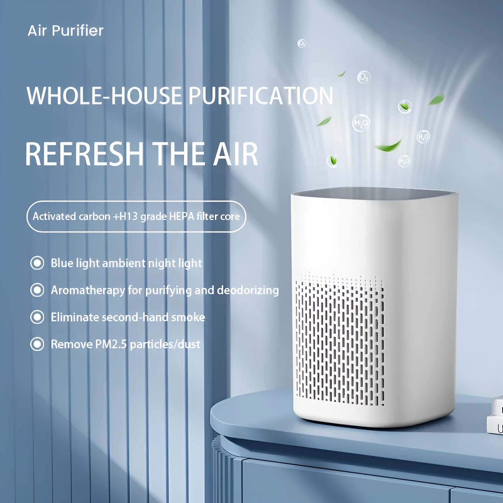 Simple style desktop air purifier with USB power port on a wooden desk.
