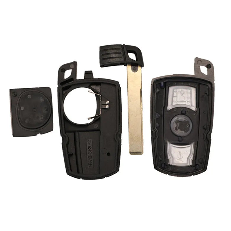 BMW HU92 semi-intelligent 3-button remote car key fob with metal and plastic case.