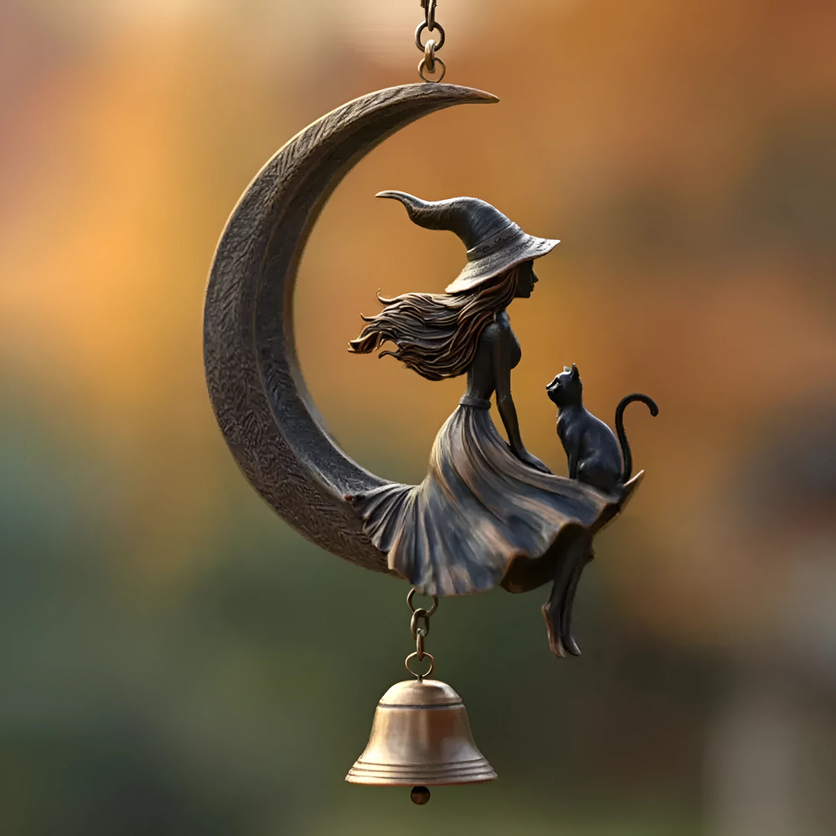 Witch moon and black cat bell pendant with suspension hanging method and witch moon bell colour classification