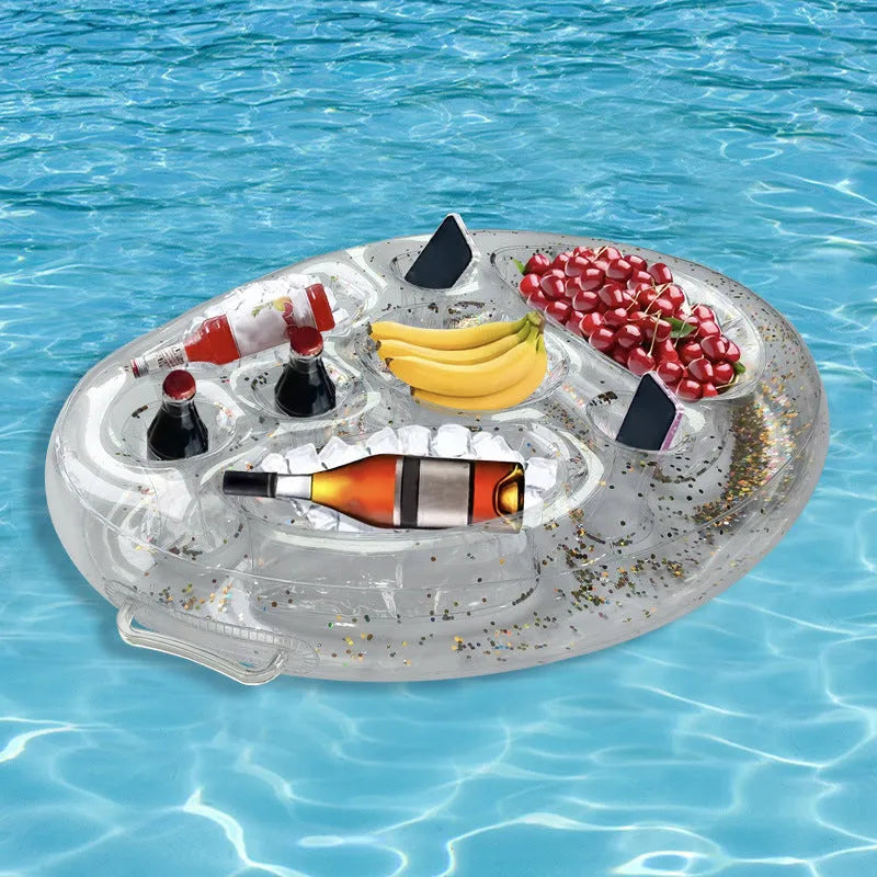 Yellow inflatable ice bar with cup holder and ice bucket for party drinks service.