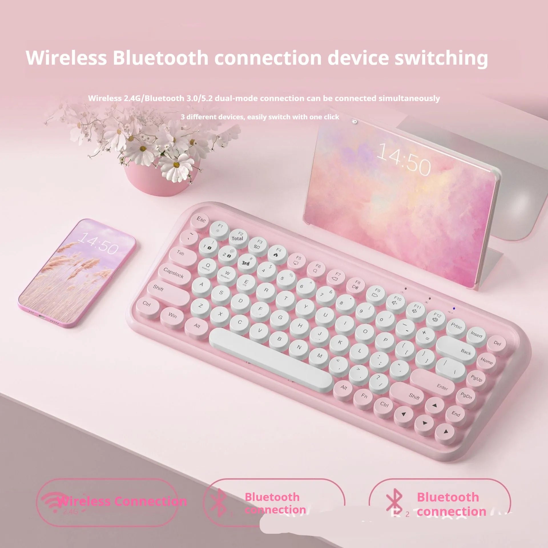Pink wireless Bluetooth keyboard with 84 keys showing portable slim design