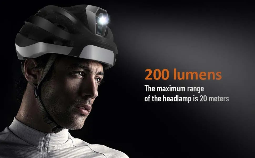 Black and grey adult cycling helmet with integrated warning lights on the rear.