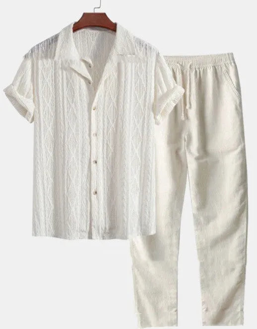 Men's loose blue short sleeve shirt and matching trousers casual summer suit
