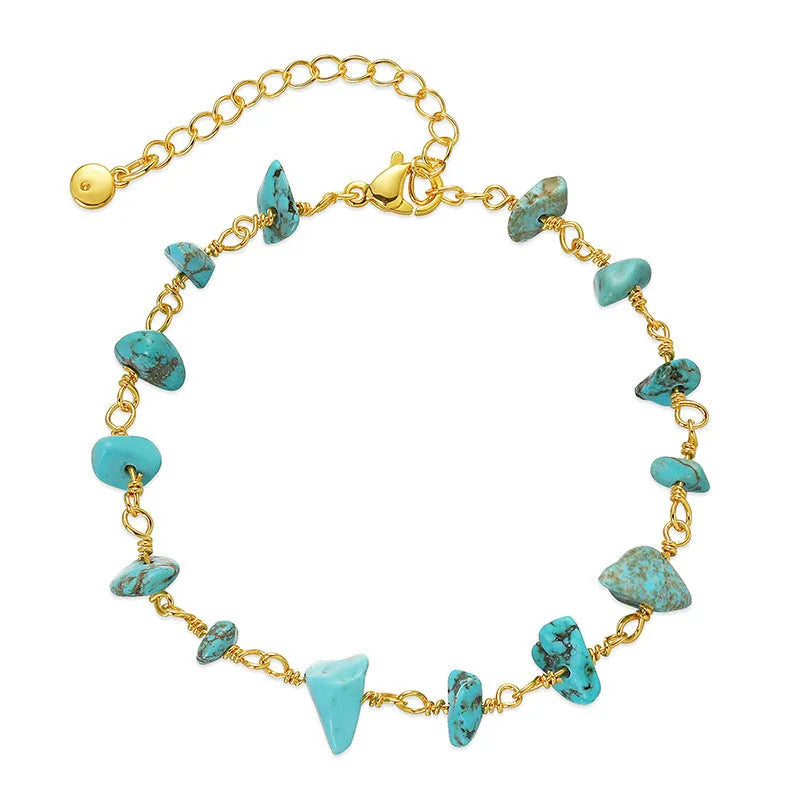 Irregular natural gravel turquoise bracelet in 18K copper geometric design with crystal embellishments