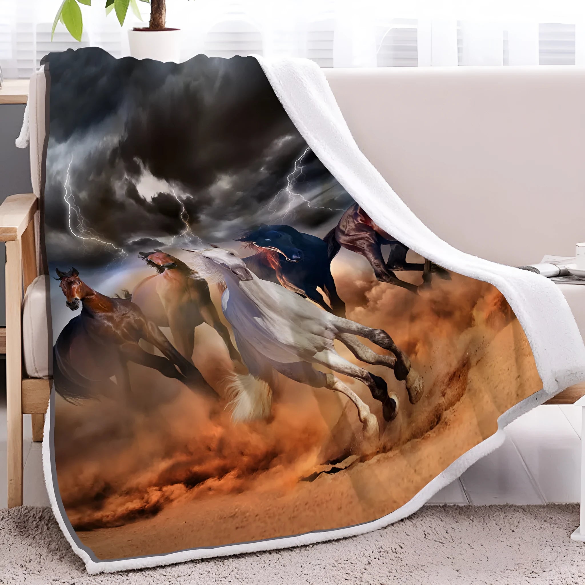 Horse themed lamb wool blanket in black, shown draped over a sofa, size 130x150cm
