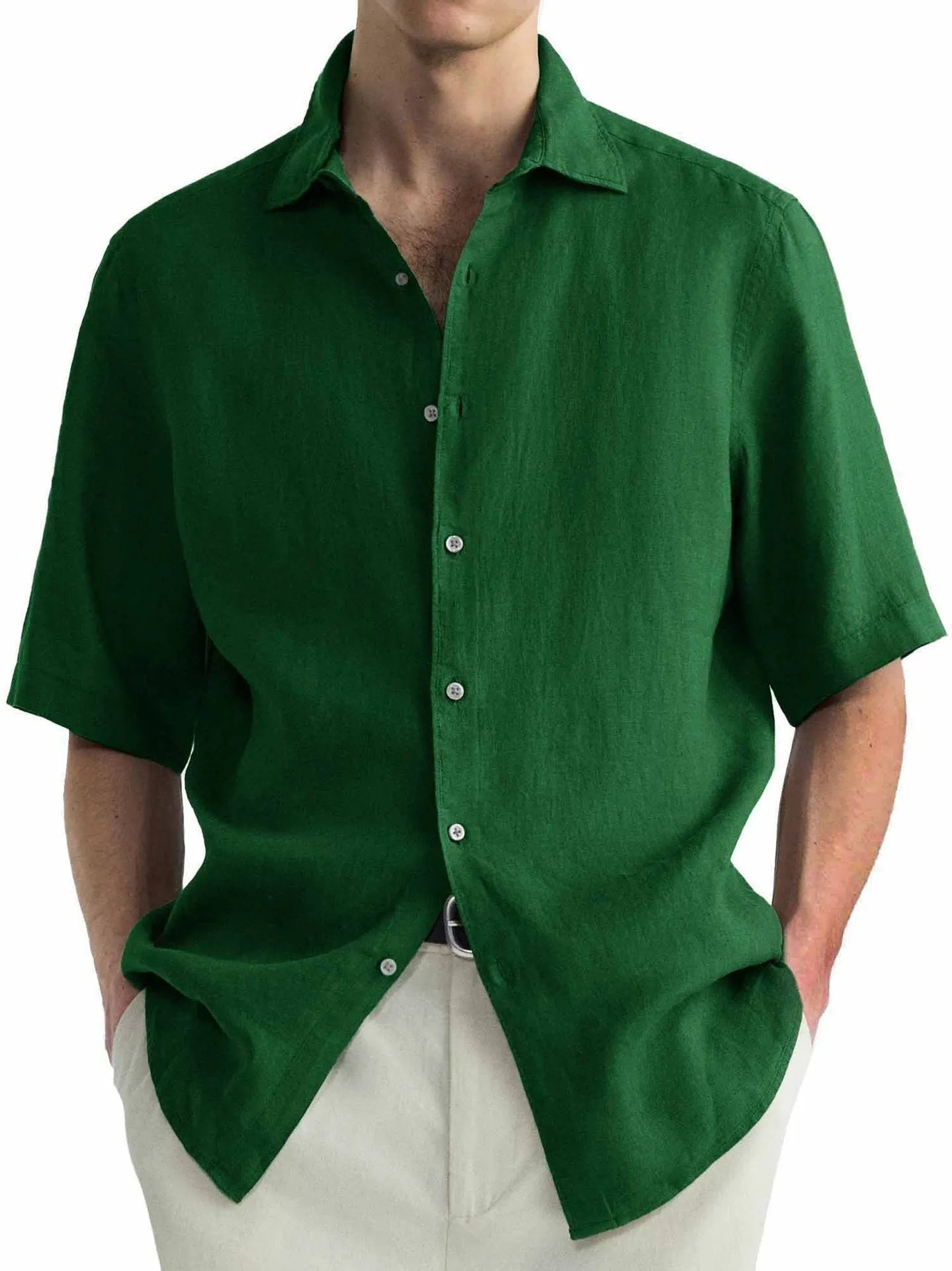 Men's green casual cotton shirt with cardigan style and washed cotton texture