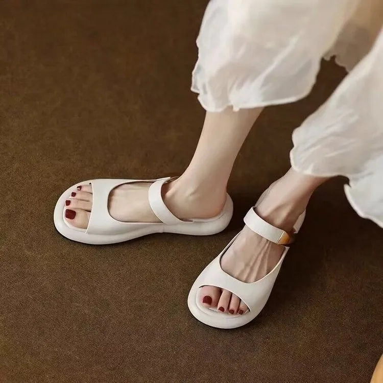 Apricot and white French soft leather peep toe flat platform sandals with rubber soles