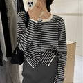 Women's dark grey and white striped cardigan sweater with French style pattern, slim fit 40cm length