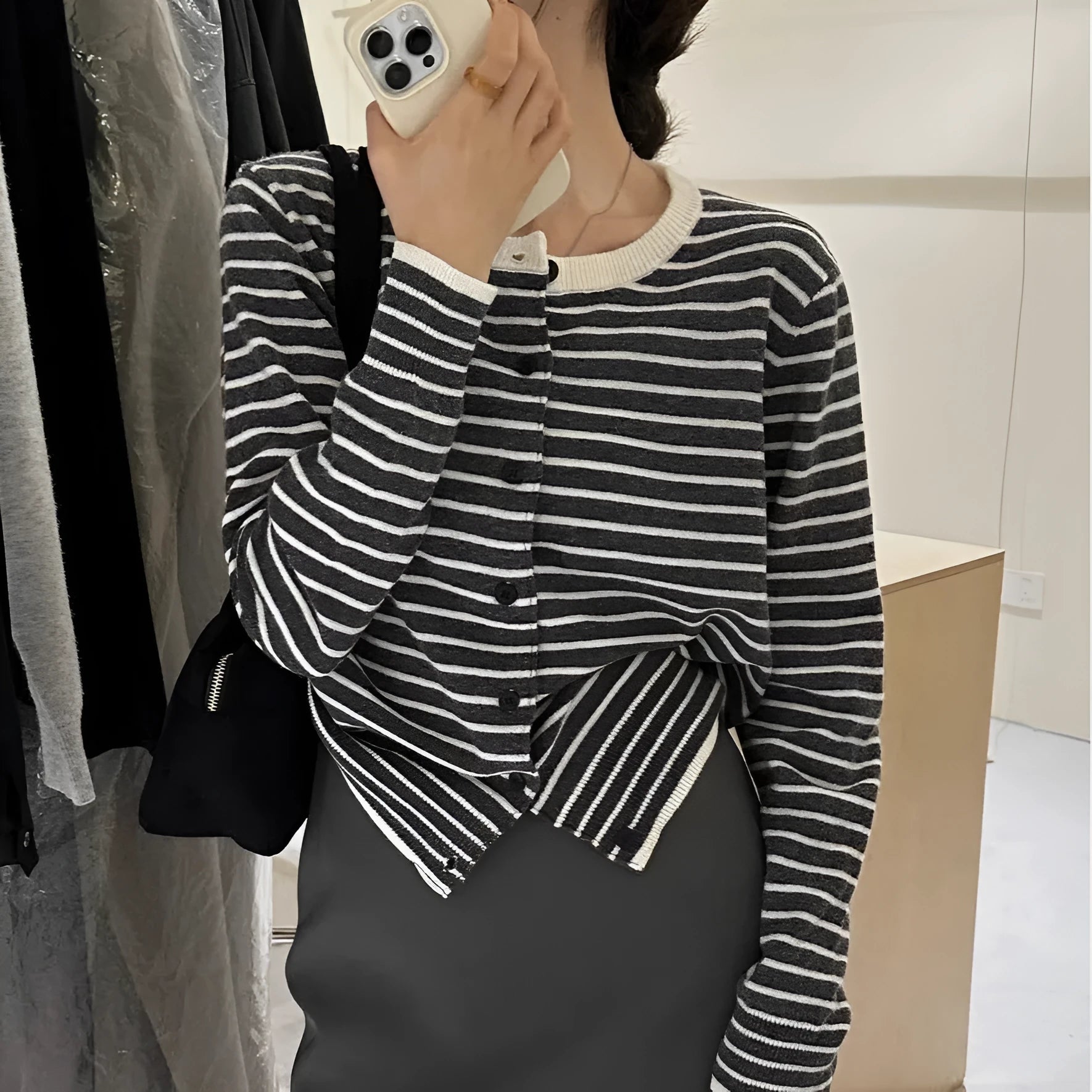 Women's dark grey and white striped cardigan sweater with French style pattern, slim fit 40cm length