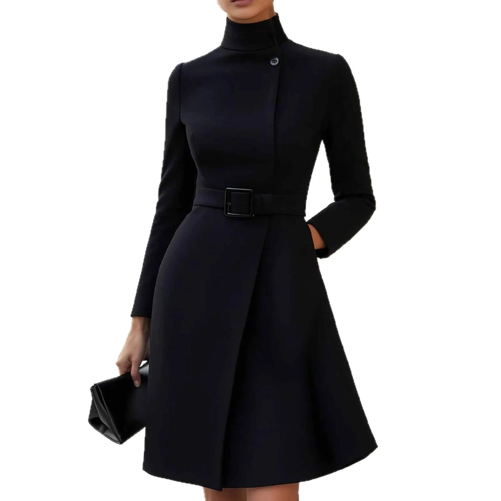 Women's black bohemian dress with high waist, long sleeves, and a stand collar