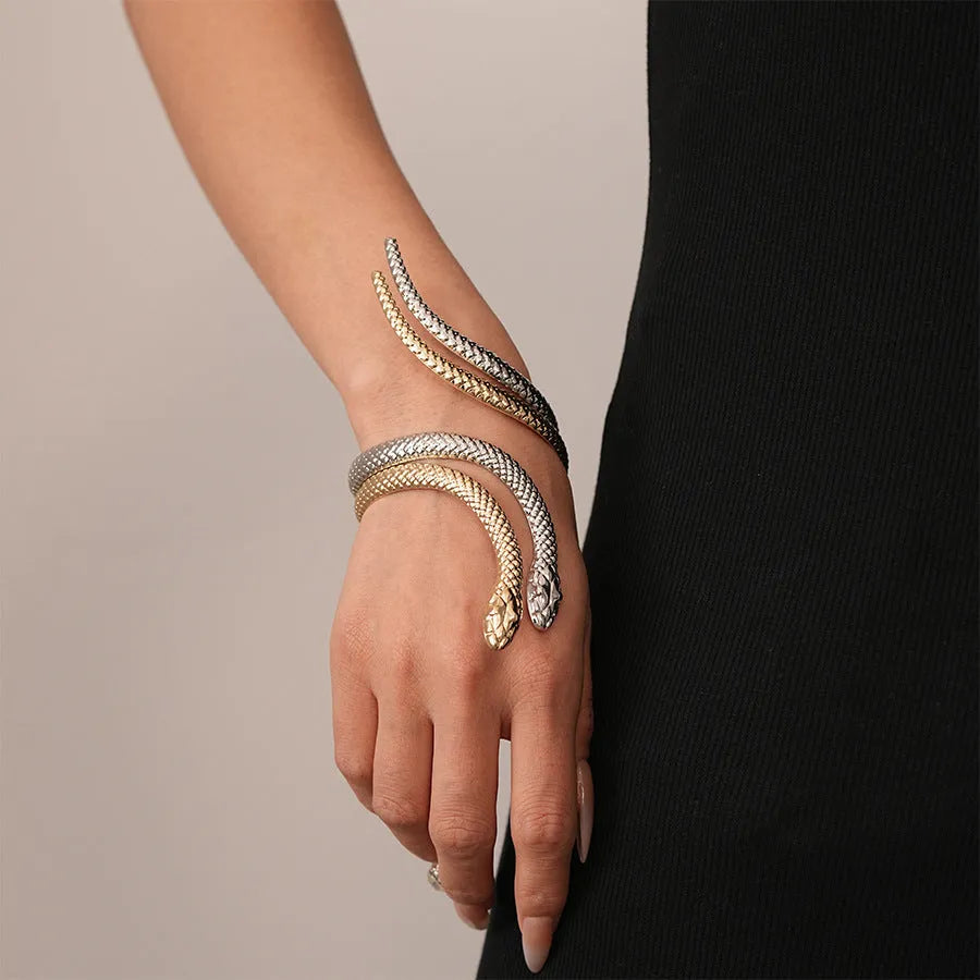 Exaggerated twisted winding simulated snake ring and bracelet set in gold or silver electroplated metal