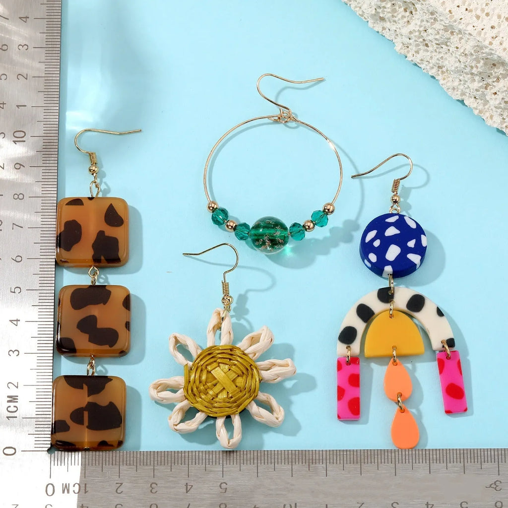 Women's geometric square ear studs in leopard print, sunflower and colourful glaze bead designs, electroplated plastic resin
