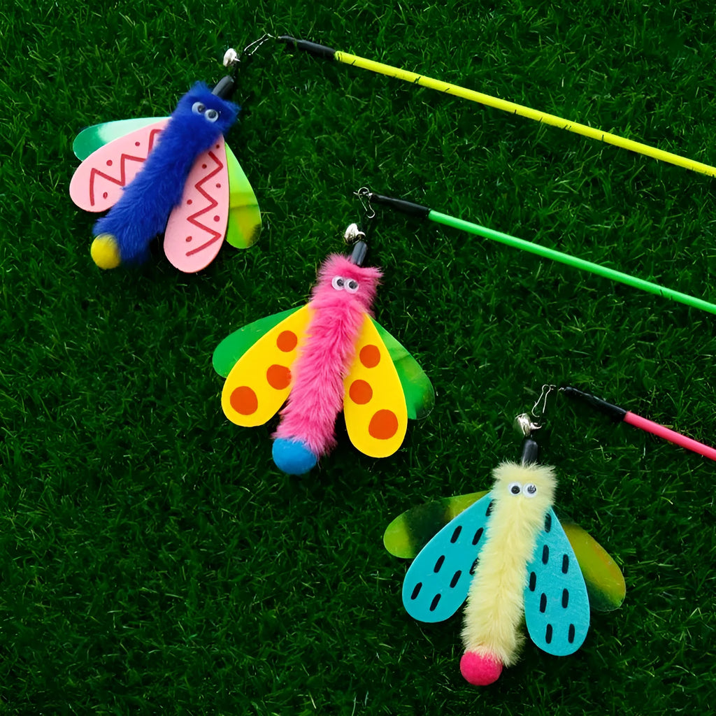Blue cat wand toy with dragonfly bell attachment measuring 49cm long
