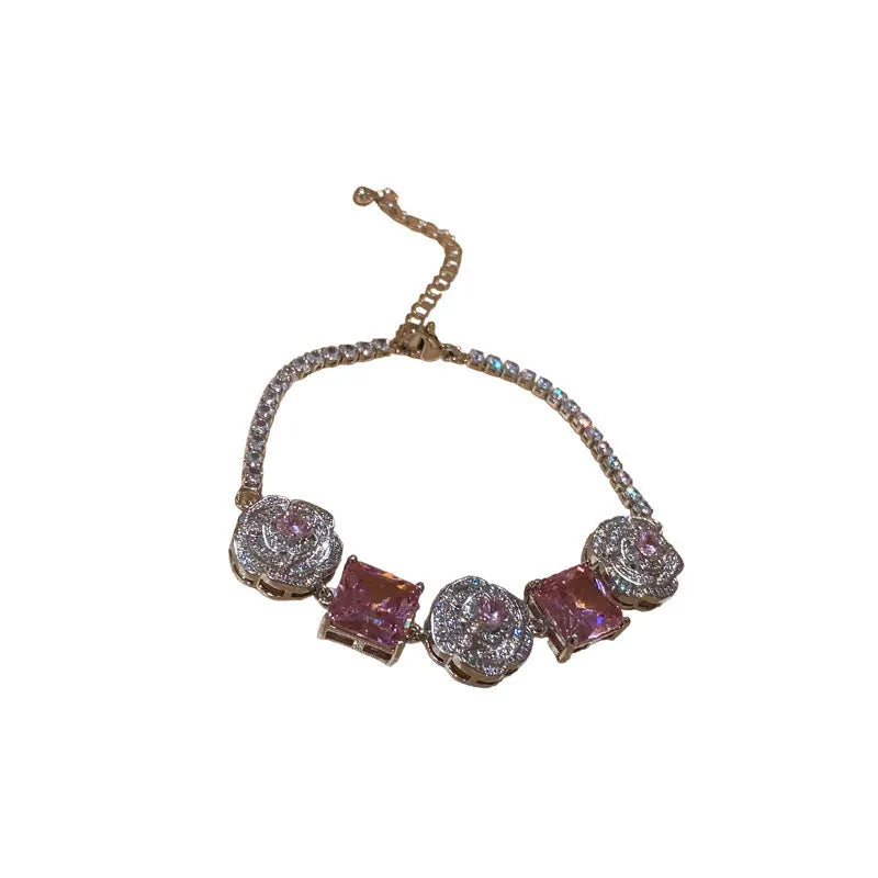 French flower square zircon necklace copper pendant clavicle chain silver-pink 41-50cm