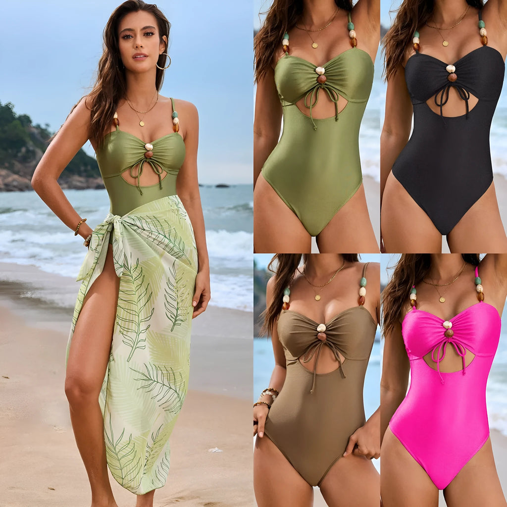 Solid colour nylon one-piece swimsuit with drawstring for women, available in camel, black, and bright pink, sizes S to XXL