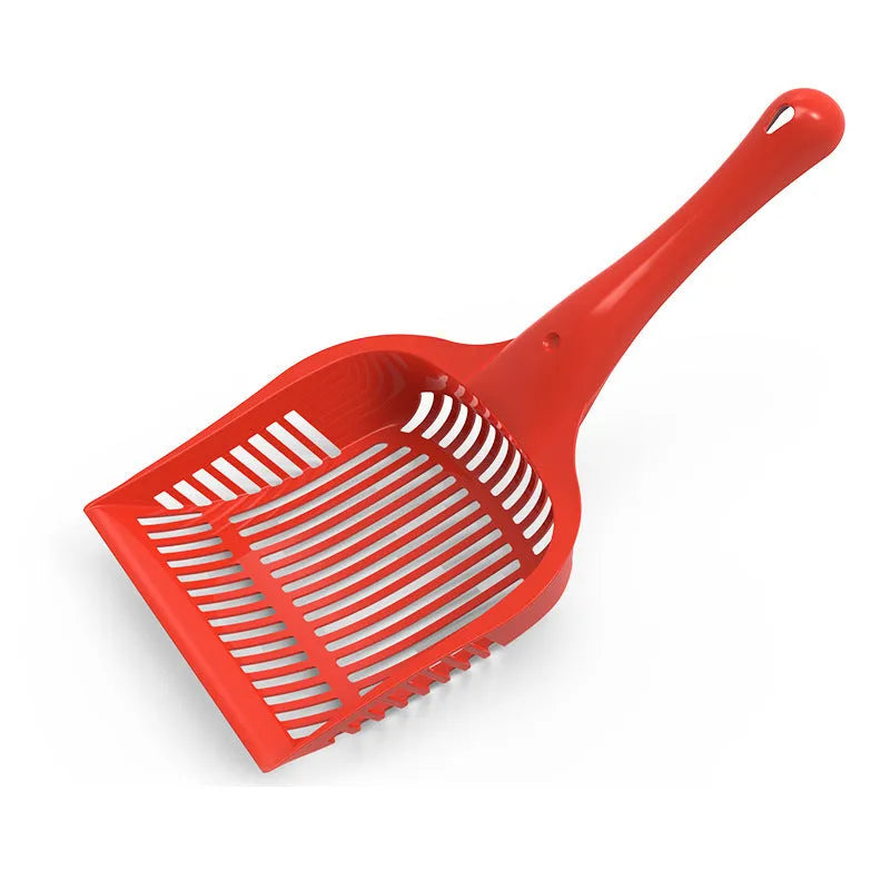 Red, yellow and blue plastic cat litter scoops in small and medium sizes for pet toilet cleaning