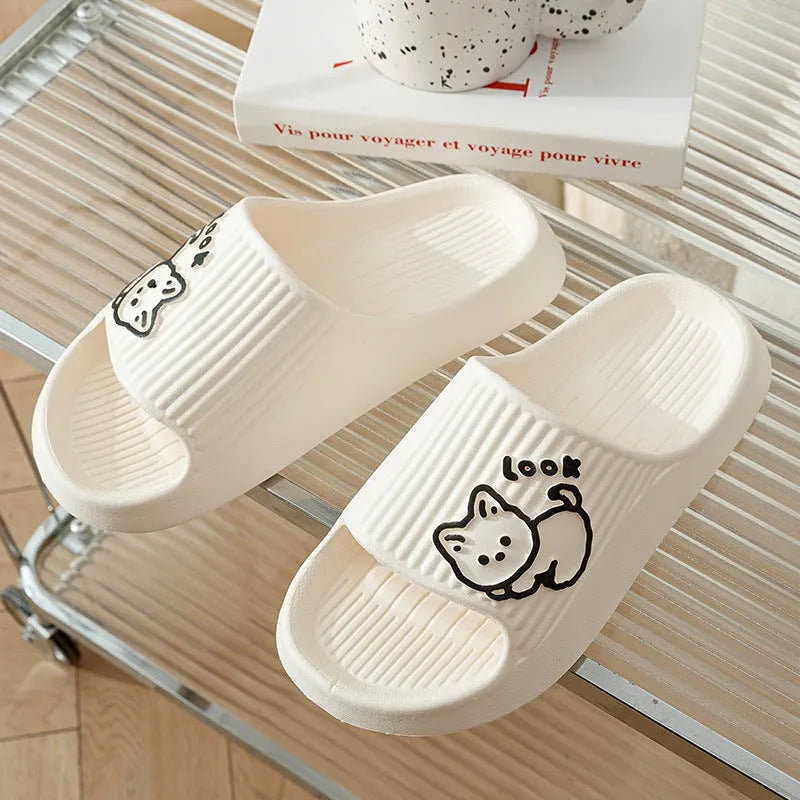 Women's cat print platform slippers in green, with a thick non-slip EVA sole for indoor and outdoor use.
