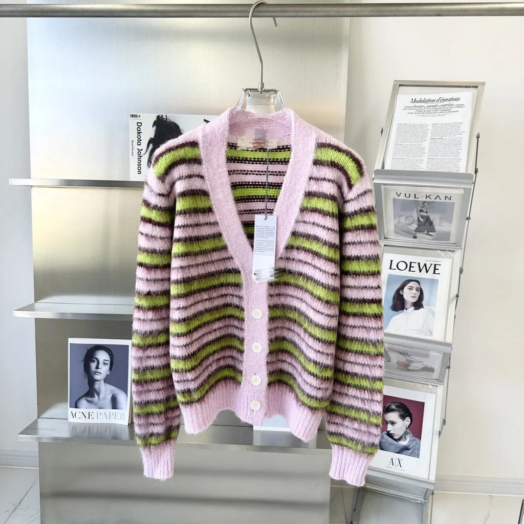 Pink Haima wool cardigan with nap finish and contrast colour detailing.