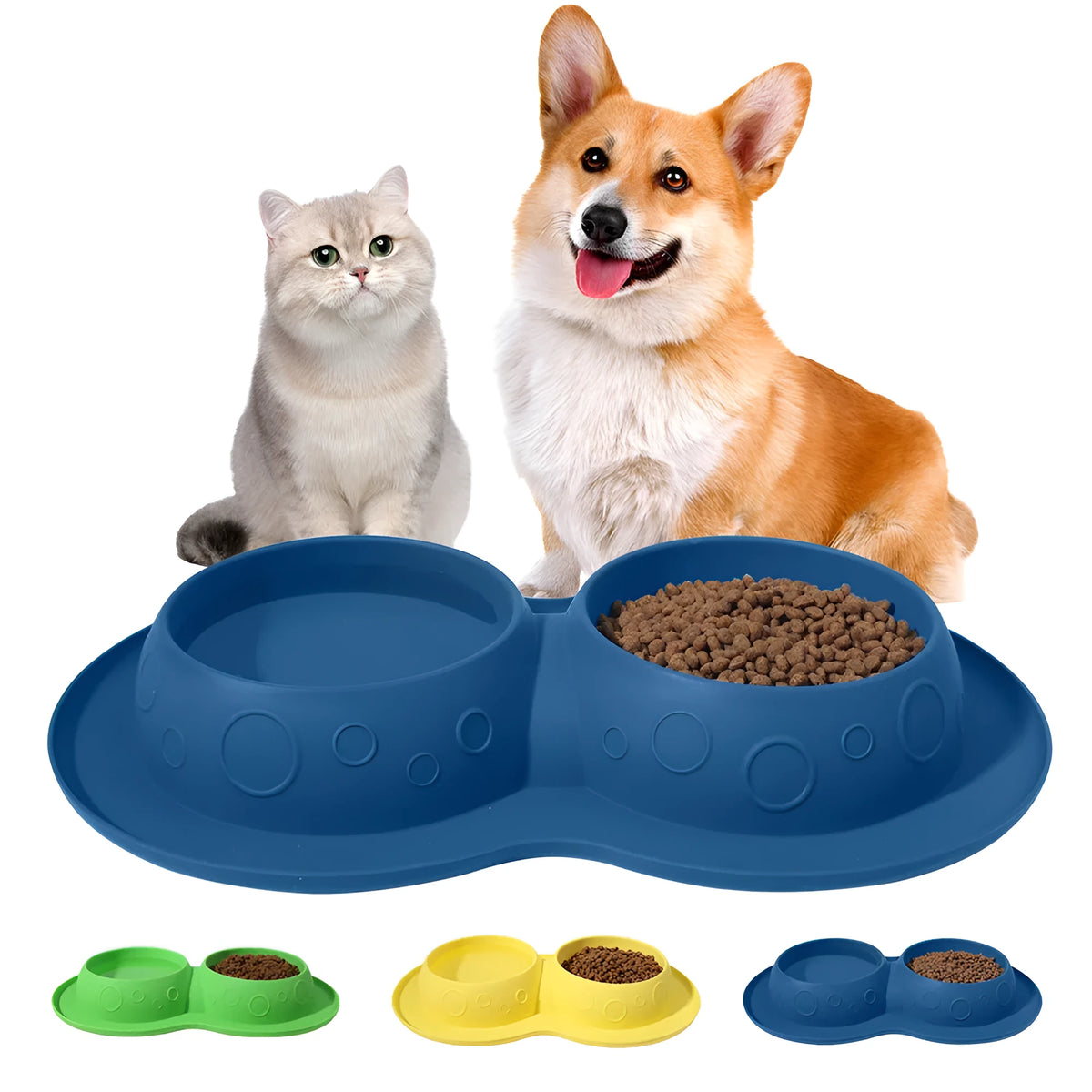 Silicone non slip pet feeding mat in blue or yellow, waterproof 2 in 1 pad for dog and cat bowls
