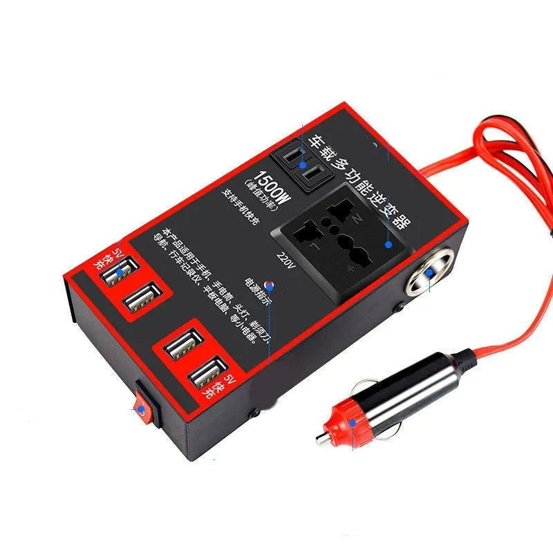 Black automotive power converter transforming 12V 24V car power to 220V with socket and USB charging ports