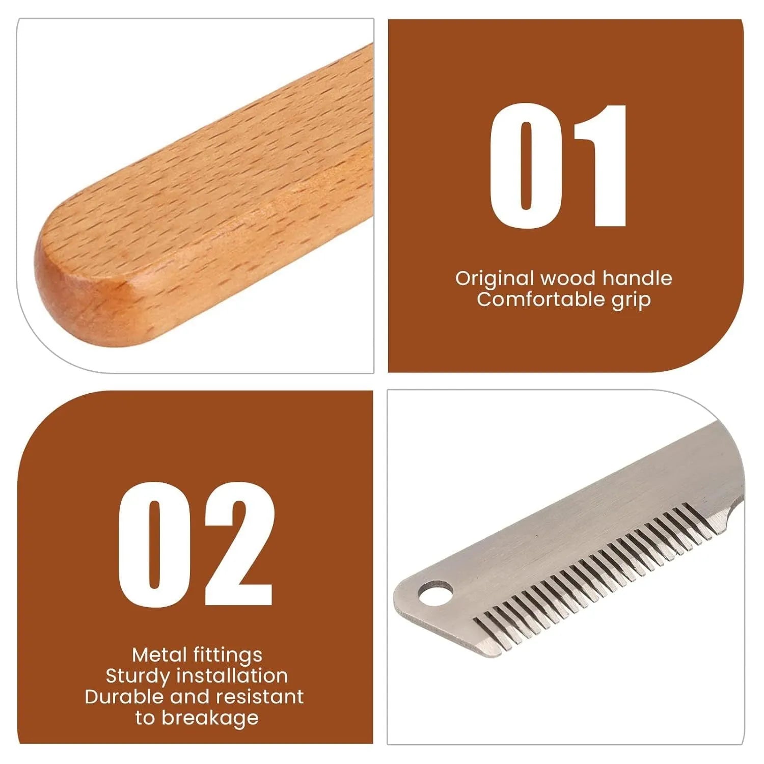 Wood handle pet stripping comb for grooming cats and dogs with metal fittings