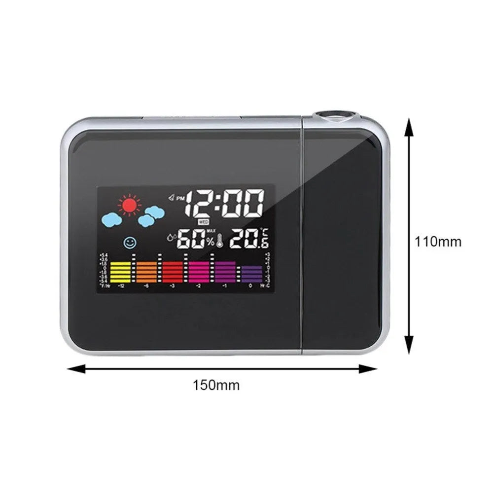 Black digital projection alarm clock with multicolour LED display showing time, temperature and humidity