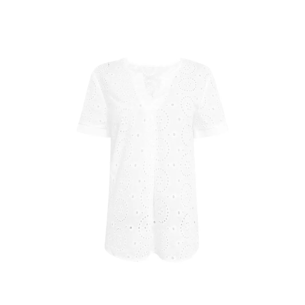 White loose-fit V-neck T-shirt with hollow French design detailing and short sleeves