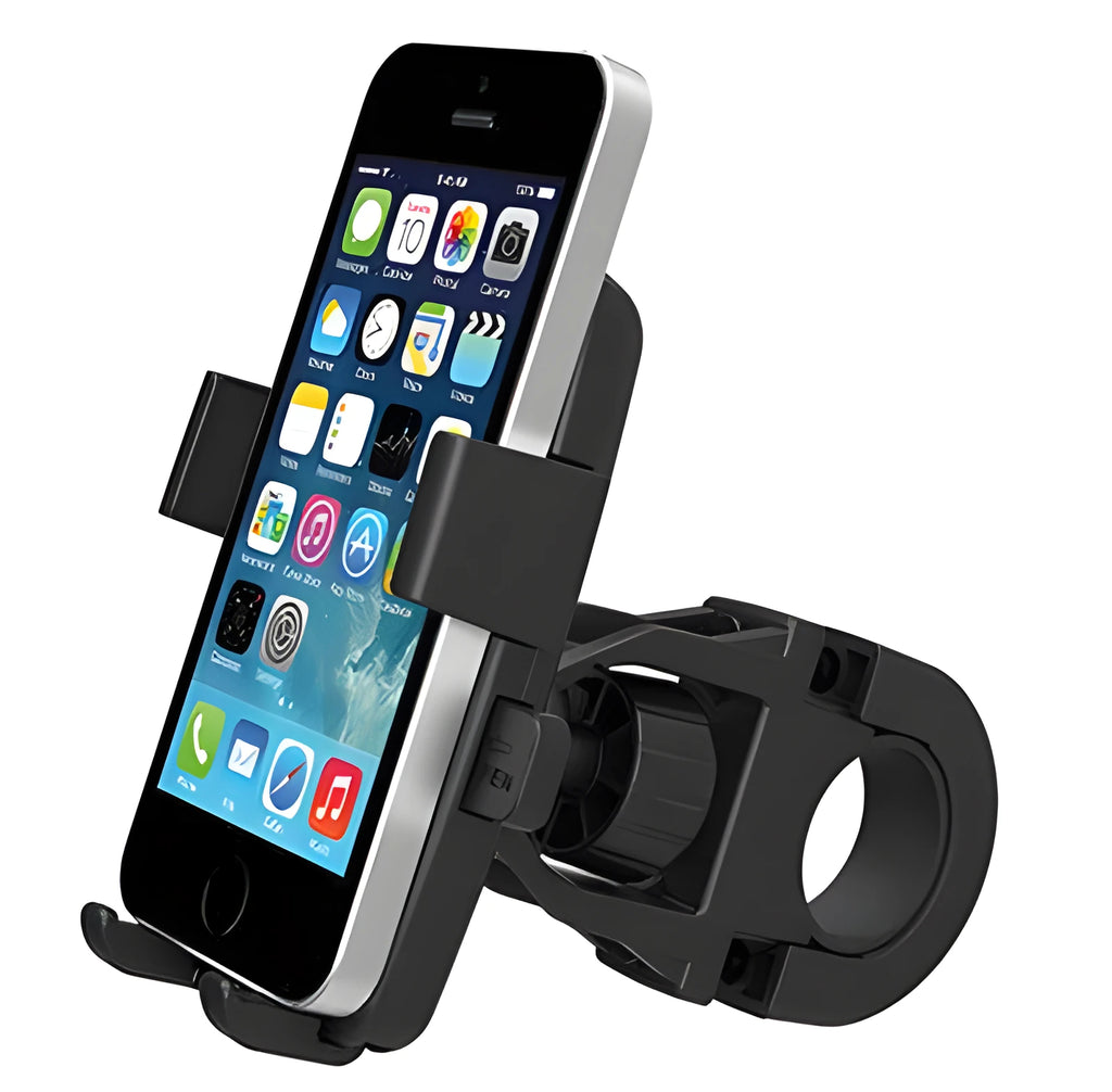 Black ABS plastic bicycle phone holder with a securing rope mounted on bike handlebars.