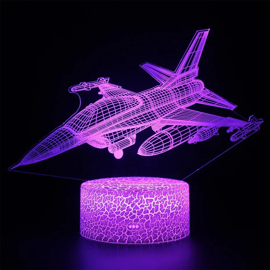 Cartoon aeroplane shaped LED night light with a touch-sensitive switch and acrylic shade.