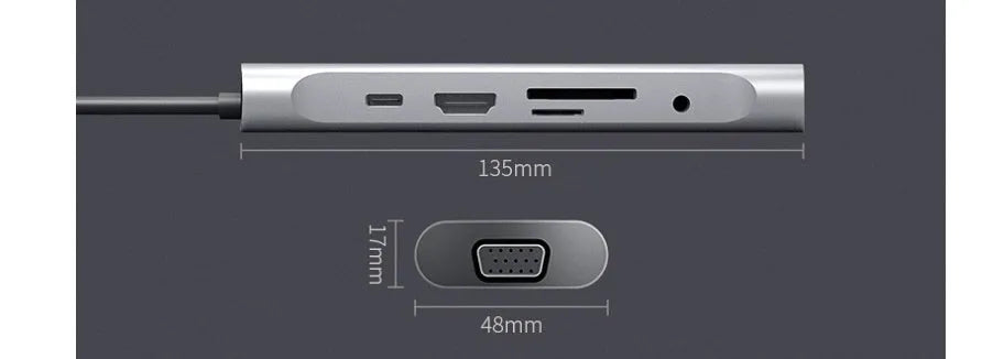 Grey aluminium USB-C docking station with HDMI, VGA and USB ports
