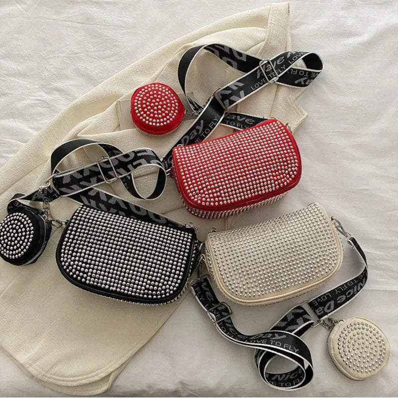 Rhinestone shoulder bag with small purse in black Oxford cloth for women