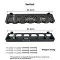 Black ABS plastic wall-mounted fishing rod storage rack with upright and horizontal mounting options