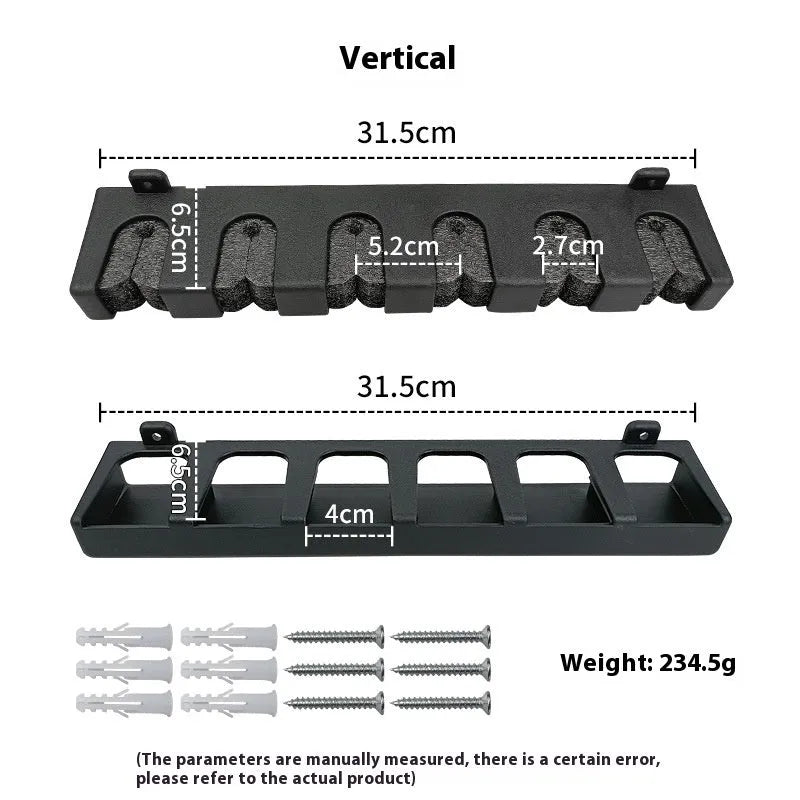 Black ABS plastic wall-mounted fishing rod storage rack with upright and horizontal mounting options