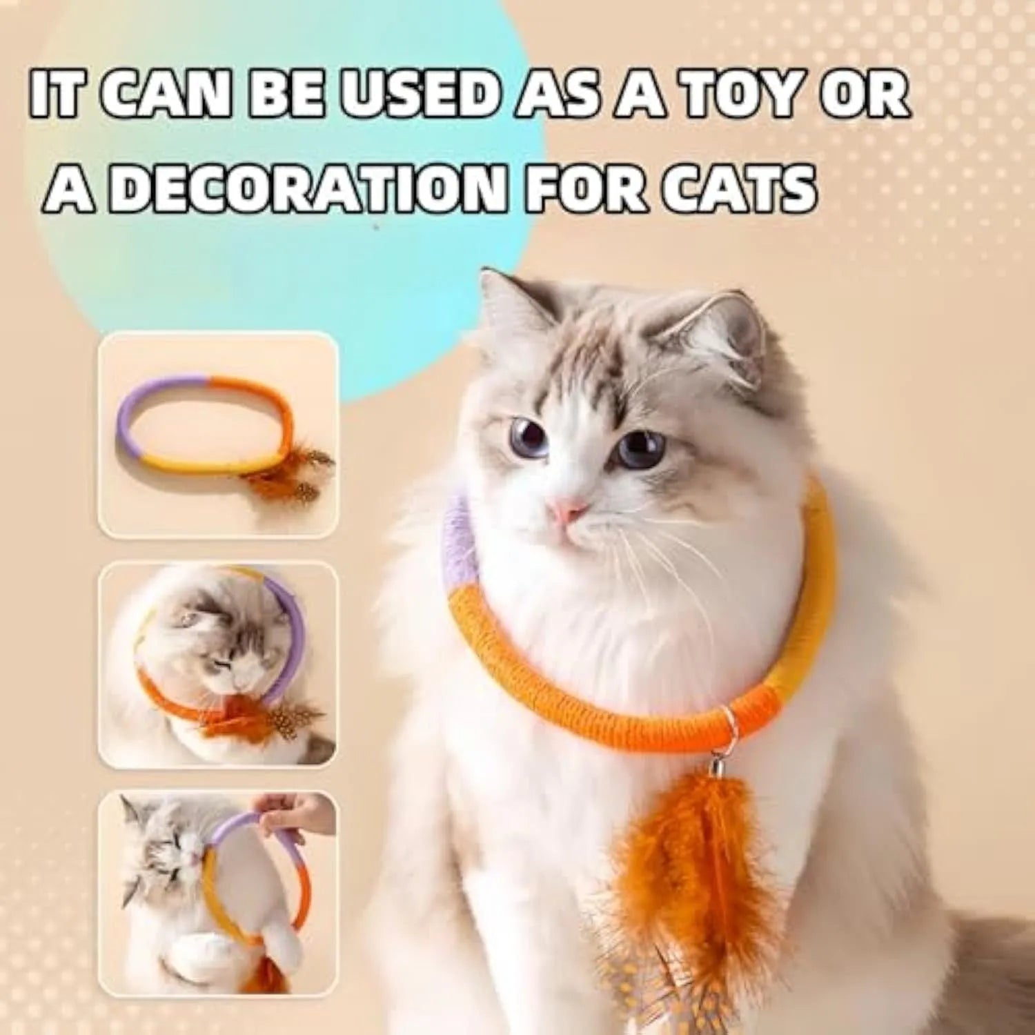Green circular cotton rope cat toy with feathers attached, measuring 25cm diameter