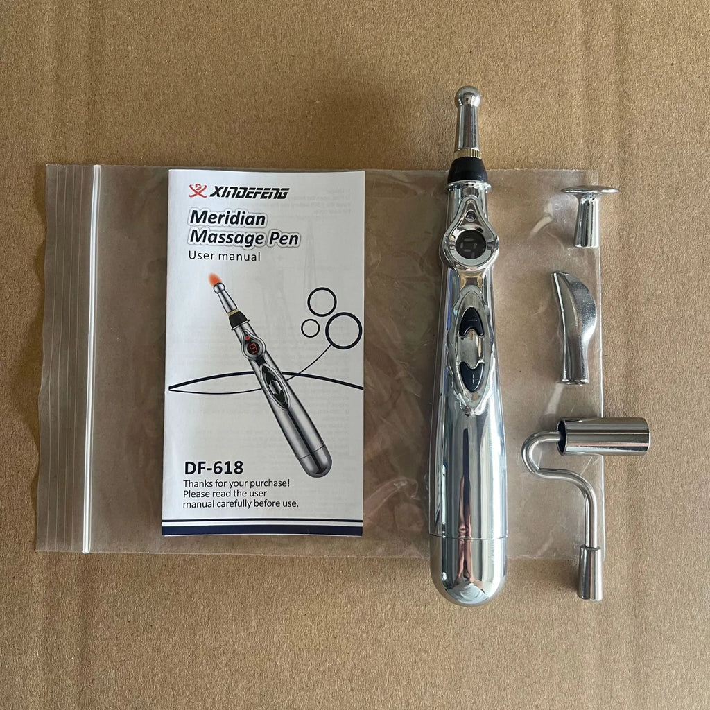USB rechargeable meridian pen with automatic acupoint detection and five-headed oil applicator in black bagged packaging