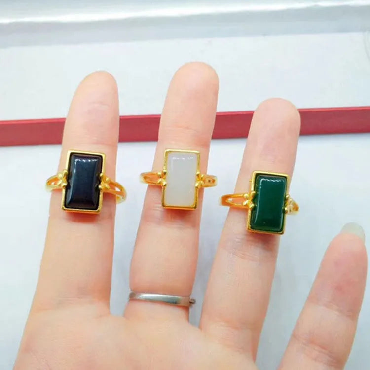 Adjustable brass gold-plated ring with electroplated finish and artificial gemstone accents
