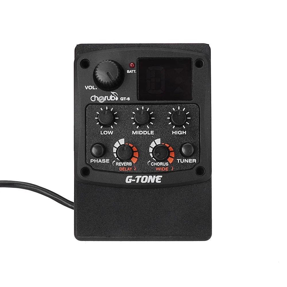 Cherub GT-6 black acoustic guitar EQ pickup unit with control knobs for volume, EQ and effects.