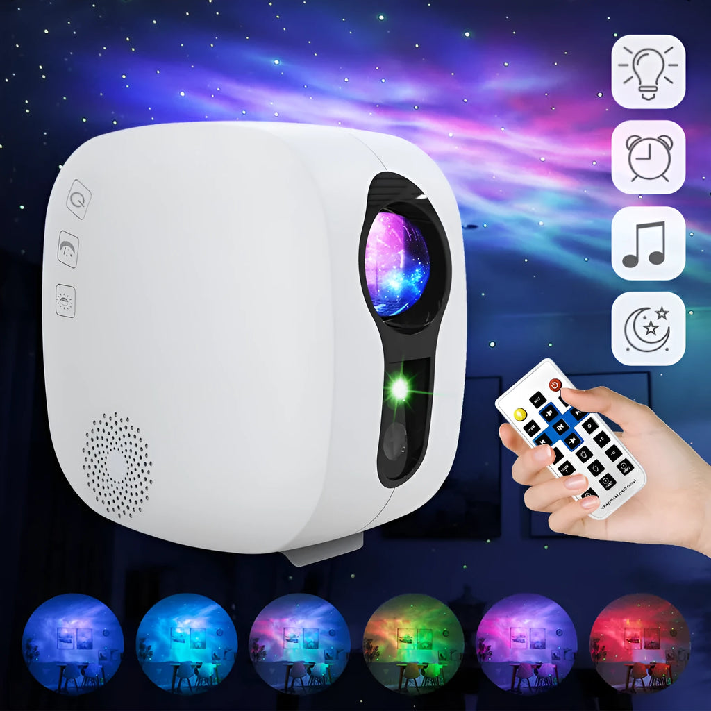 White laser star projector showing colourful nebula projection with Bluetooth music playing functionality