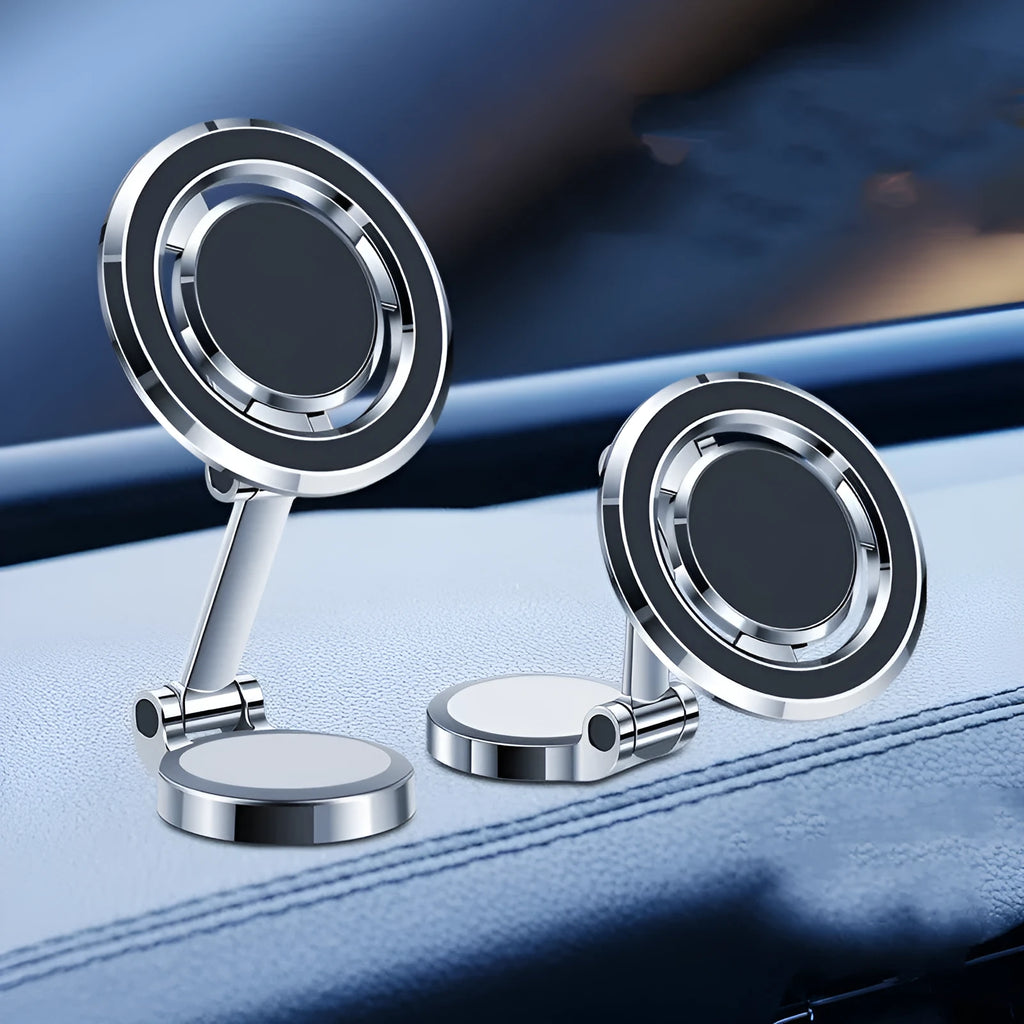 Car mobile phone holder with flexible clip and magnetic mount in black or silver