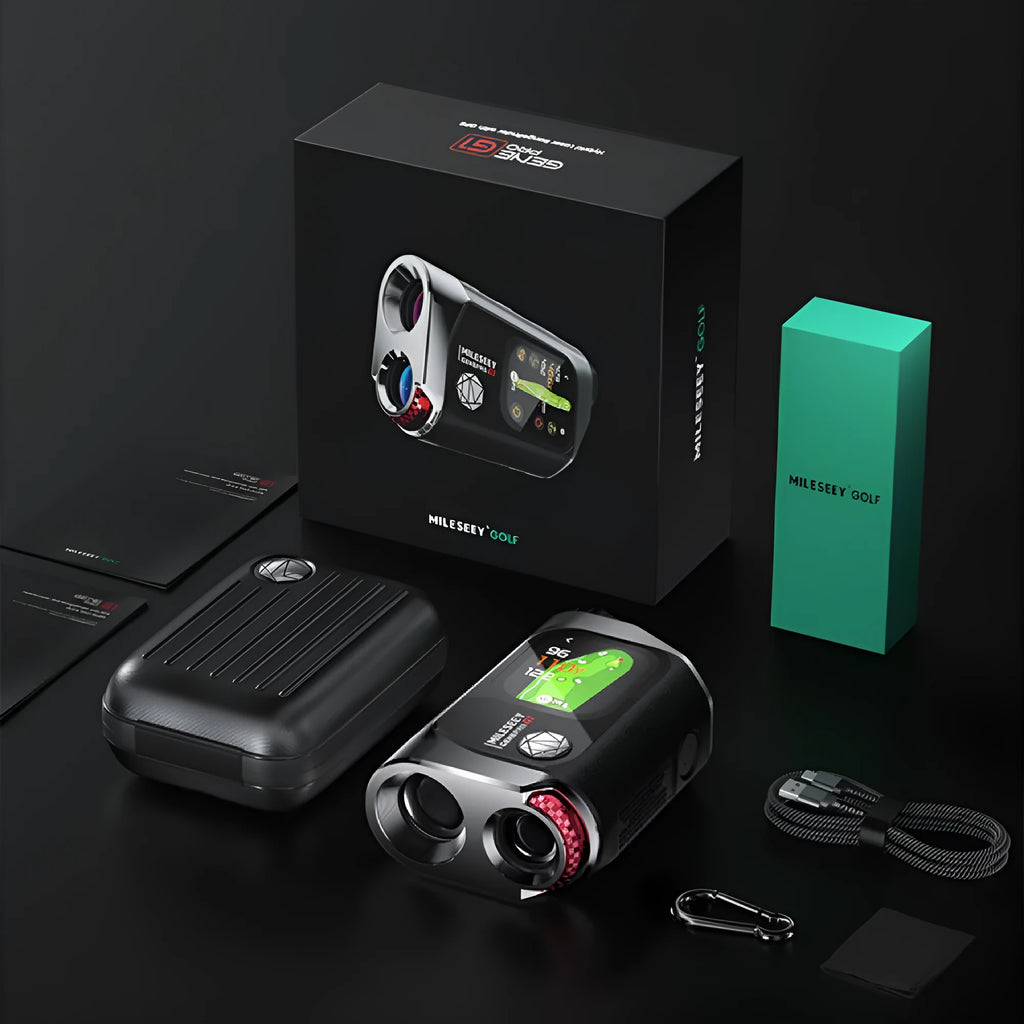 Black GenePro G1 GPS rangefinder with telescope lens and colour touchscreen display.