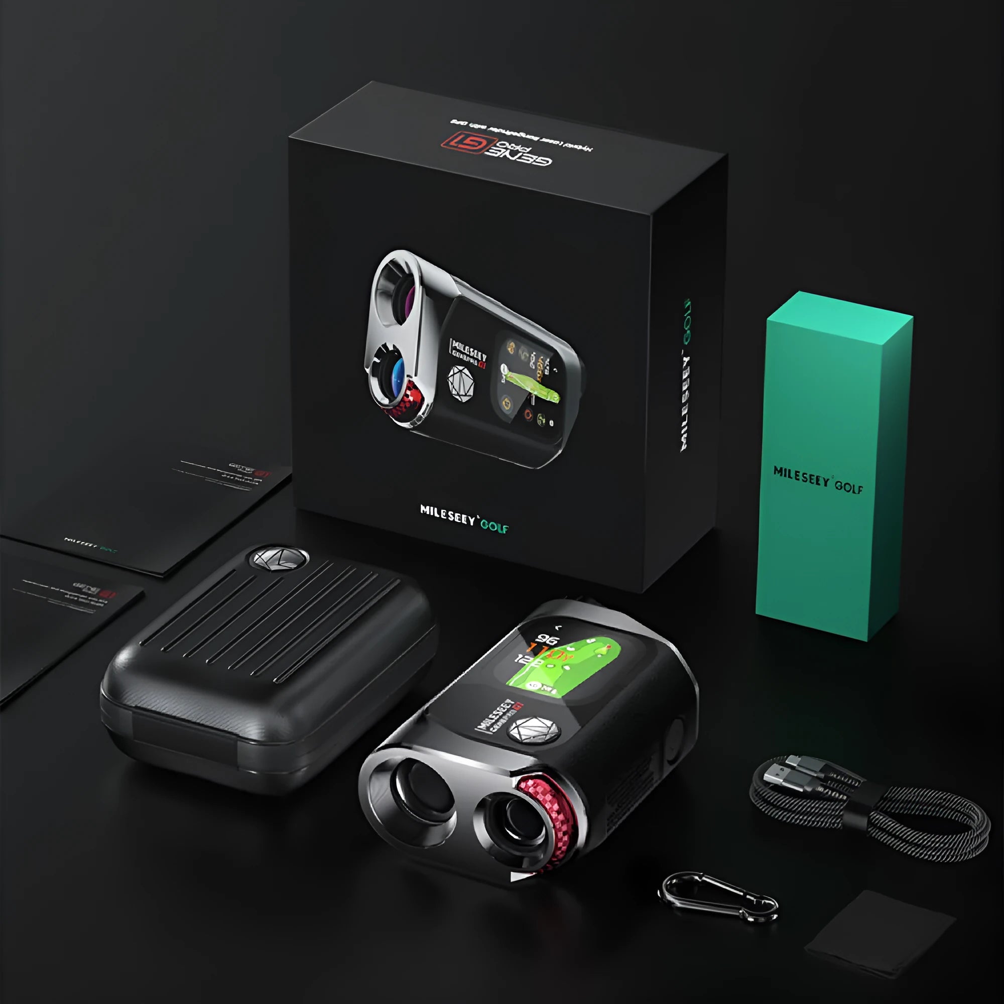 Black GenePro G1 GPS rangefinder with telescope lens and colour touchscreen display.