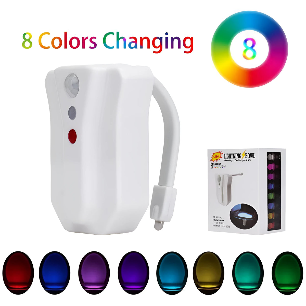 8-colour motion sensor toilet light with flexible adhesive mount for easy installation on toilet surface