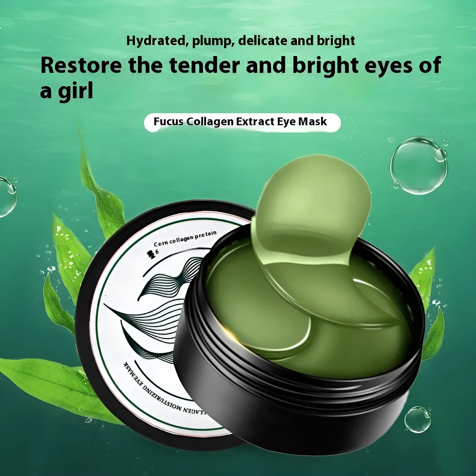Pack of 60 green seaweed extract and hyaluronic acid collagen eye mask sheets.