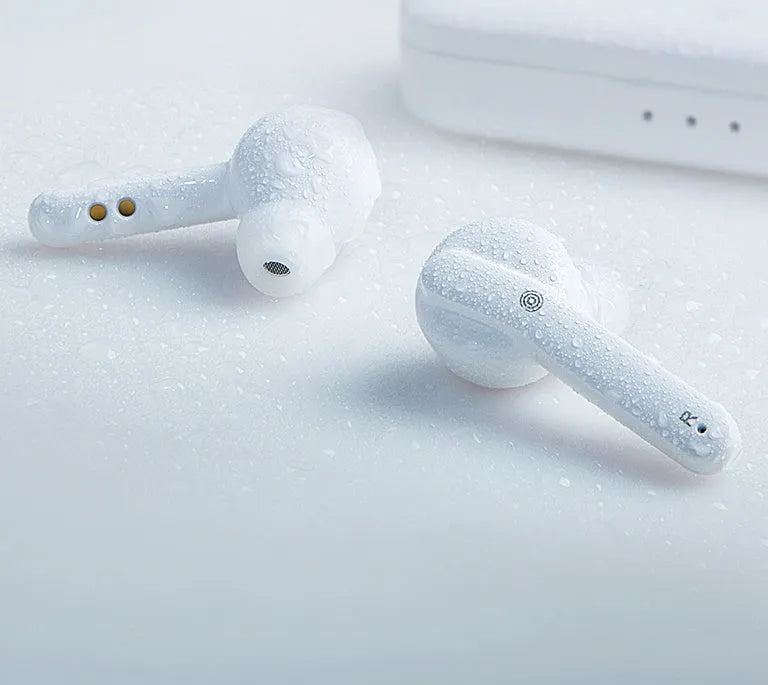 Black and white TWS wireless Bluetooth headphones with earbud design