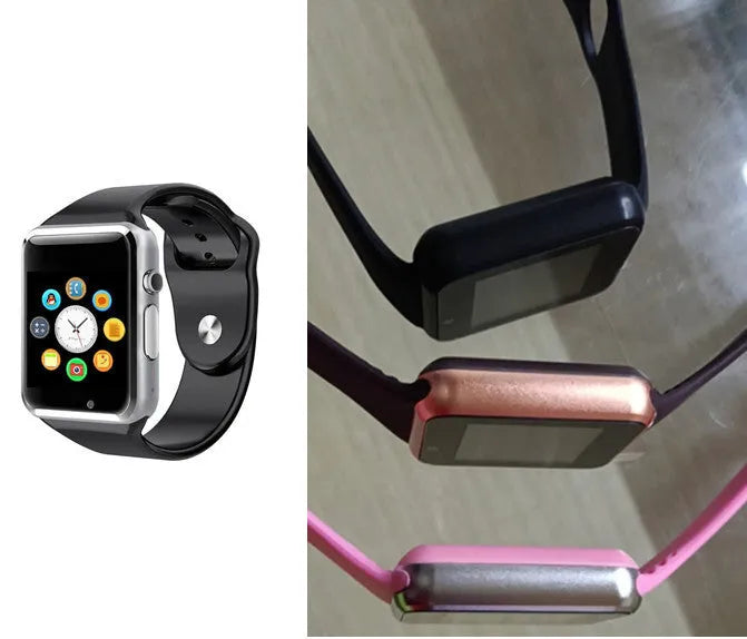A1 Smart Watch in various colours on wrist, showing 1.54-inch screen, Bluetooth, and GSM SIM features.