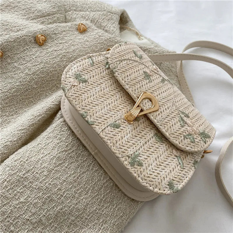 Straw woven satchel handbag with floral pattern in white colour option, single shoulder strap, summer beach bag